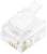 Ein transparenter RJ45-Stecker für Ethernet-Verbindungen, zeigt die goldenen Kontakte.