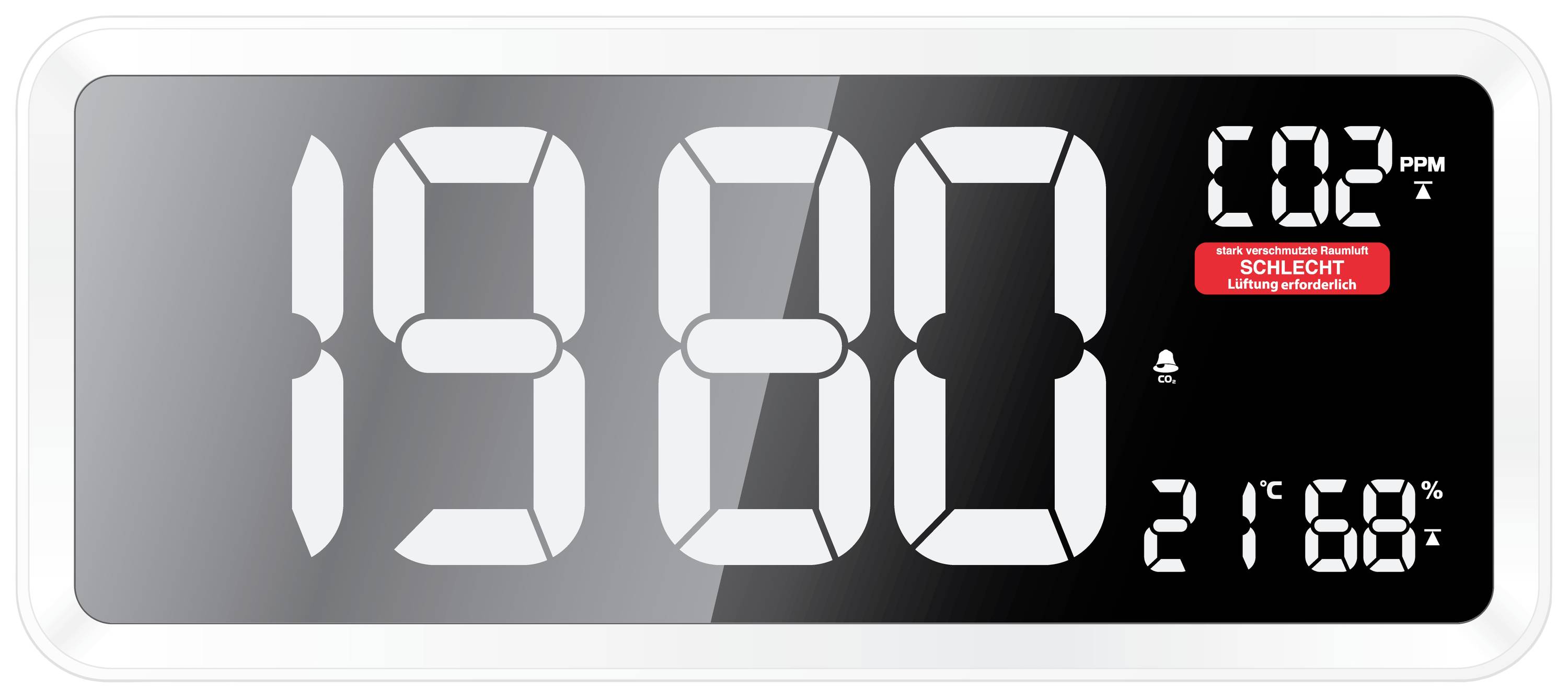 Digitale Uhr mit CO2-Anzeige zeigt '1980 ppm', rot markiert als 'Schlecht'. Temperatur: 21,6°C. Luftqualität erfordert Verbesserung.