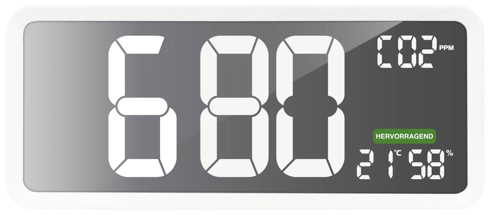 Digitalanzeige zeigt 'CO2 680 PPM'. Temperatur '21,5°C'. Status: 'Hervorragend'.