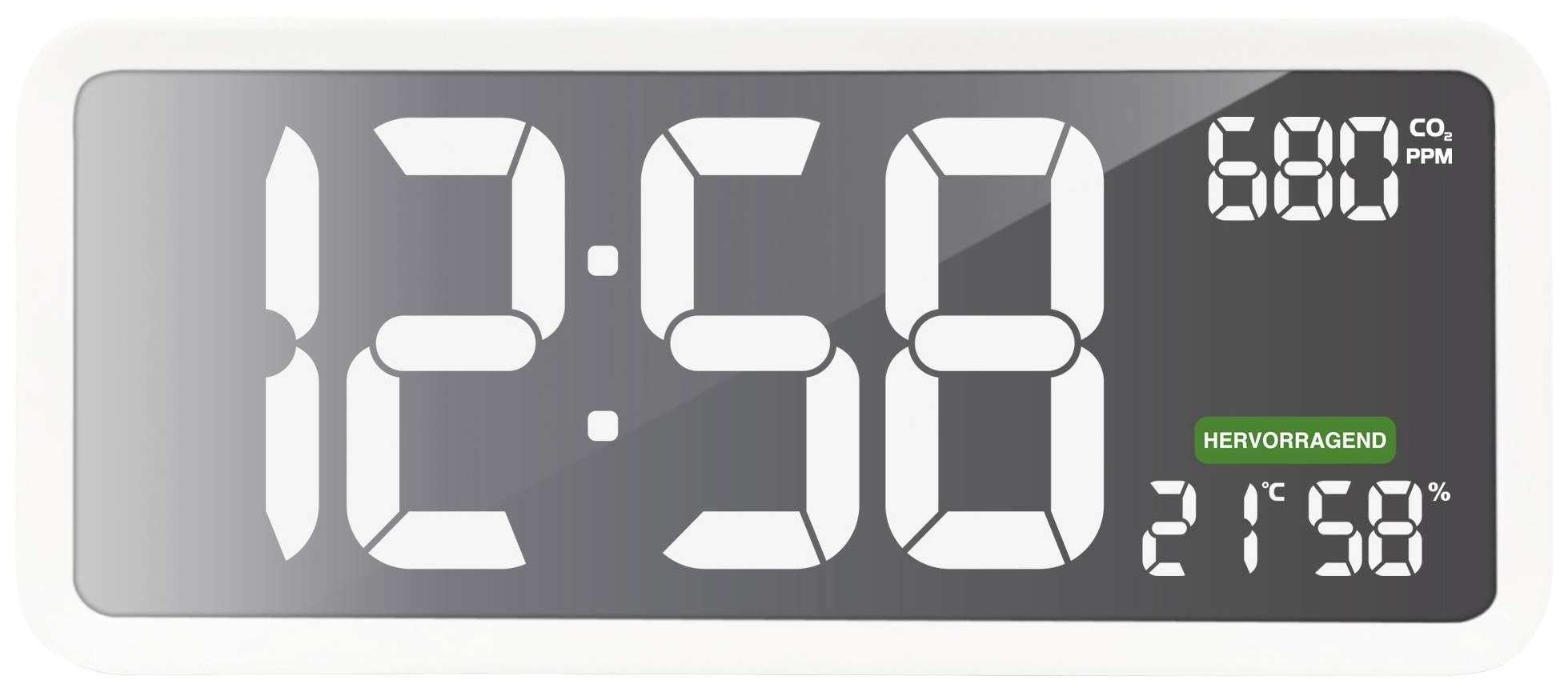 Digitale Uhr zeigt 12:58, CO2-Gehalt 680 ppm, Luftqualität 'Hervorragend', Temperatur 21,5°C.
