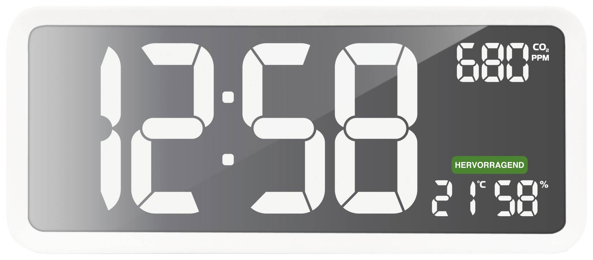 Digitale Uhr mit der Zeit '12:58', CO₂-Gehalt '680 ppm', und Temperaturanzeige '21°C, 58%'. Luftqualität als 'hervorragend' bewertet.