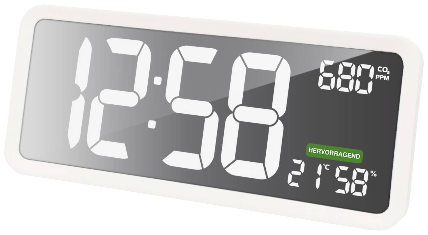 Digitale Uhr mit CO2-Anzeige: Zeit '12:58', CO2-Wert '680 ppm' und Temperatur '21,5°C', mit Bewertungsstatus 'Hervorragend'.