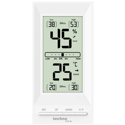 Digitales Hygrometer und Thermometer zeigt 45% Luftfeuchtigkeit und 25°C Temperatur an, mit Min- und Max-Werten.