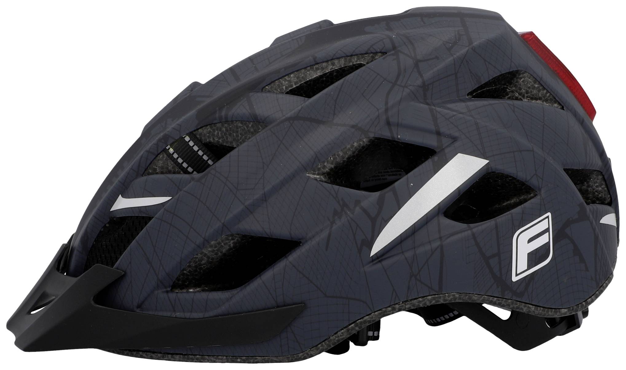 Schwarzer Fahrradhelm mit grauen und roten Details, seitlicher Blick.