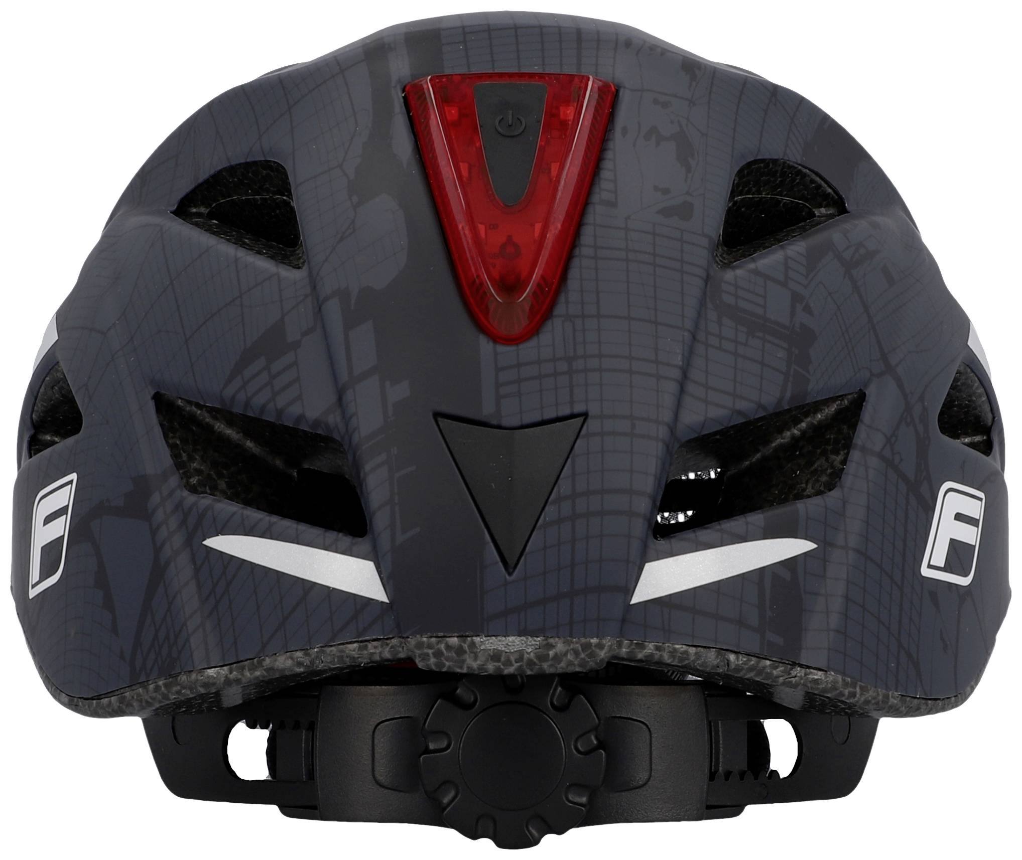 Ein grauer Fahrradhelm mit schwarzen Grafiken und rotem Rücklicht. Zwei weiße Streifen sind seitlich sichtbar.