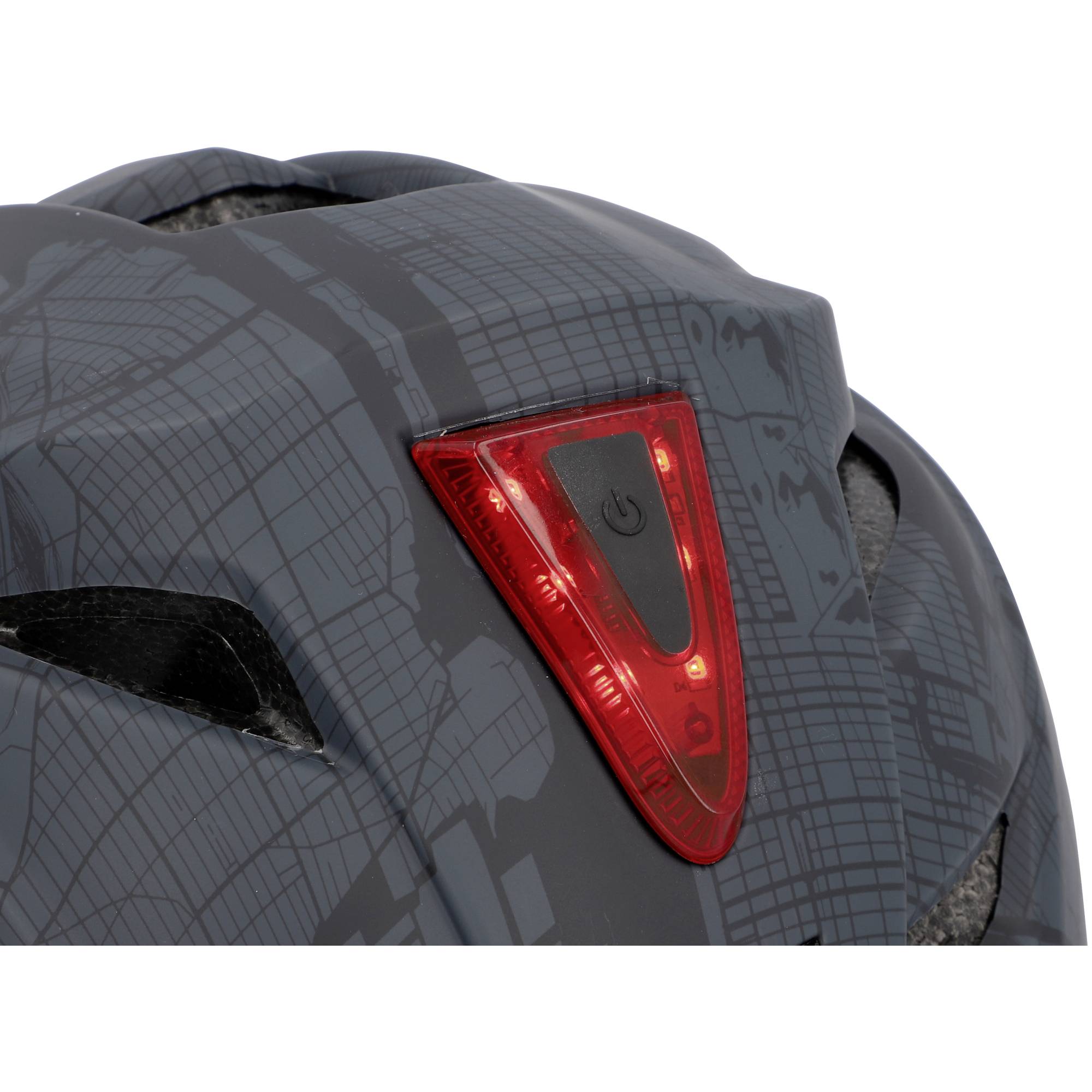 Ein Fahrradhelm mit rotem LED-Rücklicht, darauf ist eine Ein/Aus-Taste erkennbar. Das Muster zeigt eine stilisierte Stadtkarte.