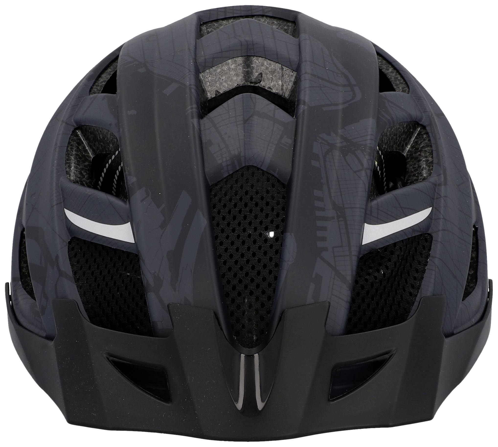 Schwarz-grauer Fahrradhelm mit Belüftungsschlitzen und reflektierenden Streifen vorne, für Sicherheit beim Radfahren.