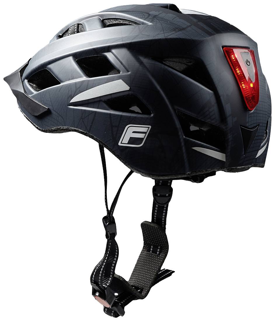 Ein schwarzer Fahrradhelm mit roten Rückleuchten, Belüftungsöffnungen und verstellbarem Kinnriemen.
