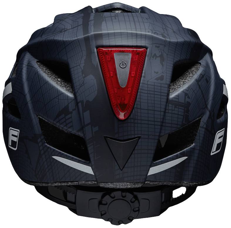 Schwarzer Fahrradhelm von hinten mit rotem, dreieckigem Rücklicht und reflektierenden Streifen, geeignet für Sicherheit beim Radfahren.