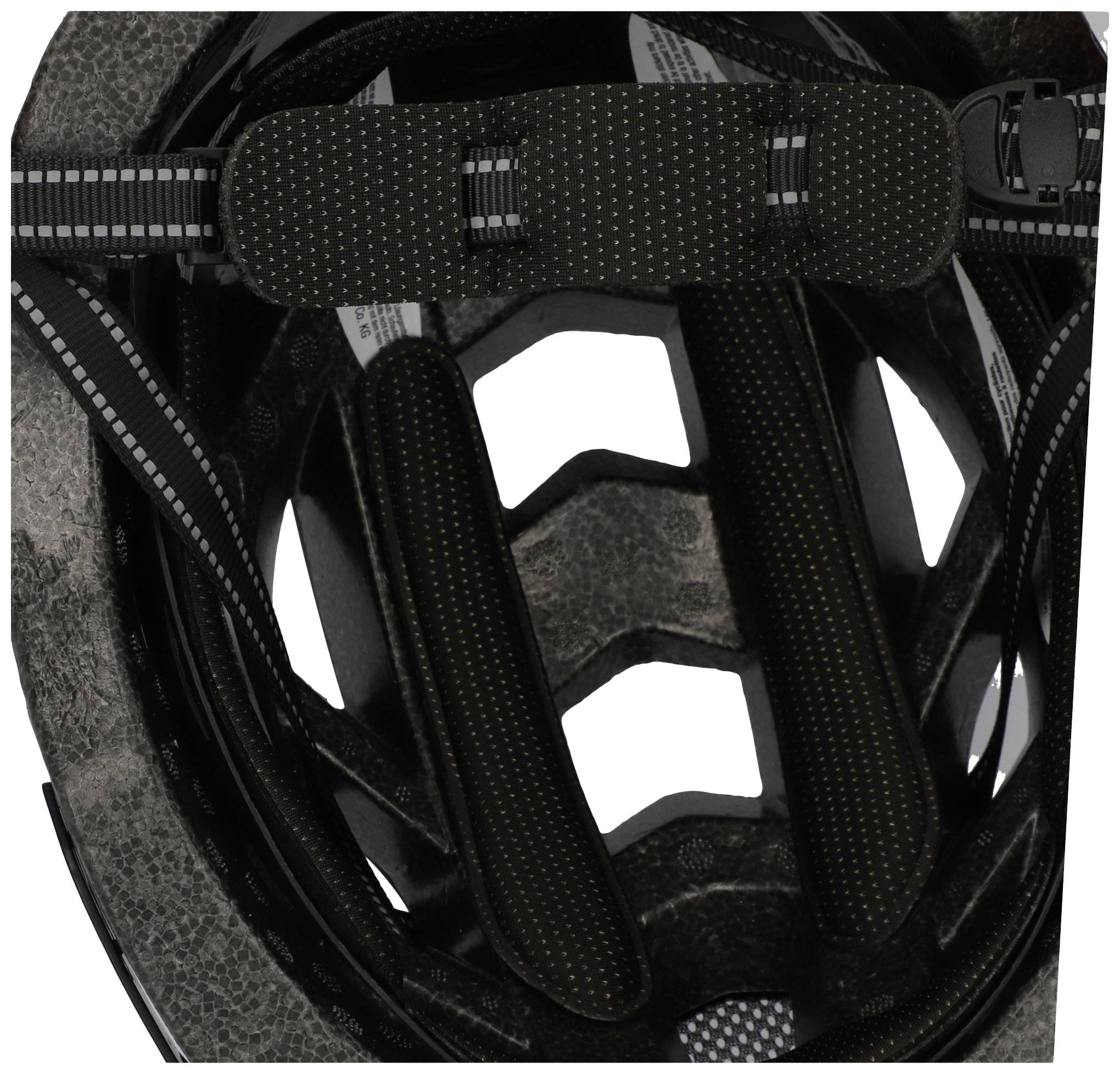 'Innenansicht eines Fahrradhelms mit schwarzer Polsterung und verstellbaren Riemen.'