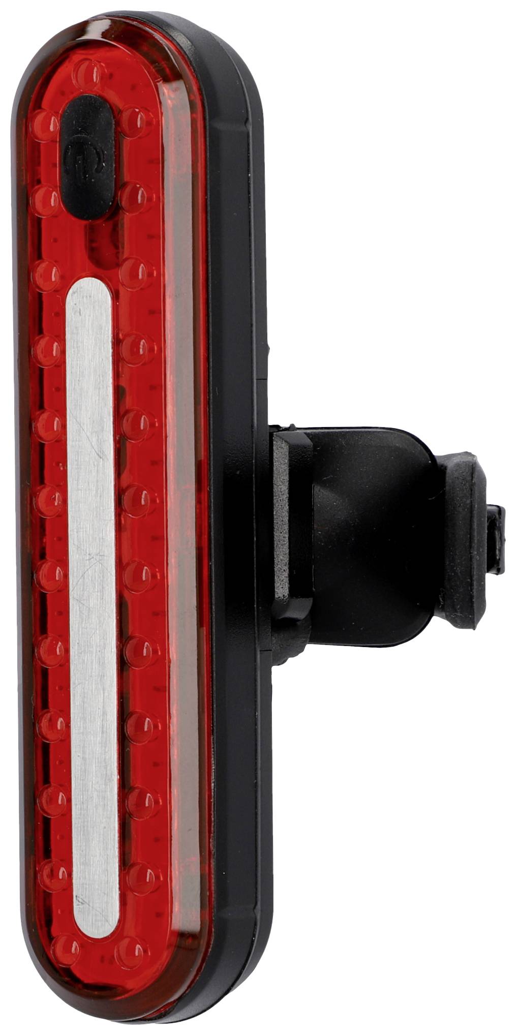 Rote LED-Fahrradrückleuchte mit Halterung, vertikal ausgerichtet.