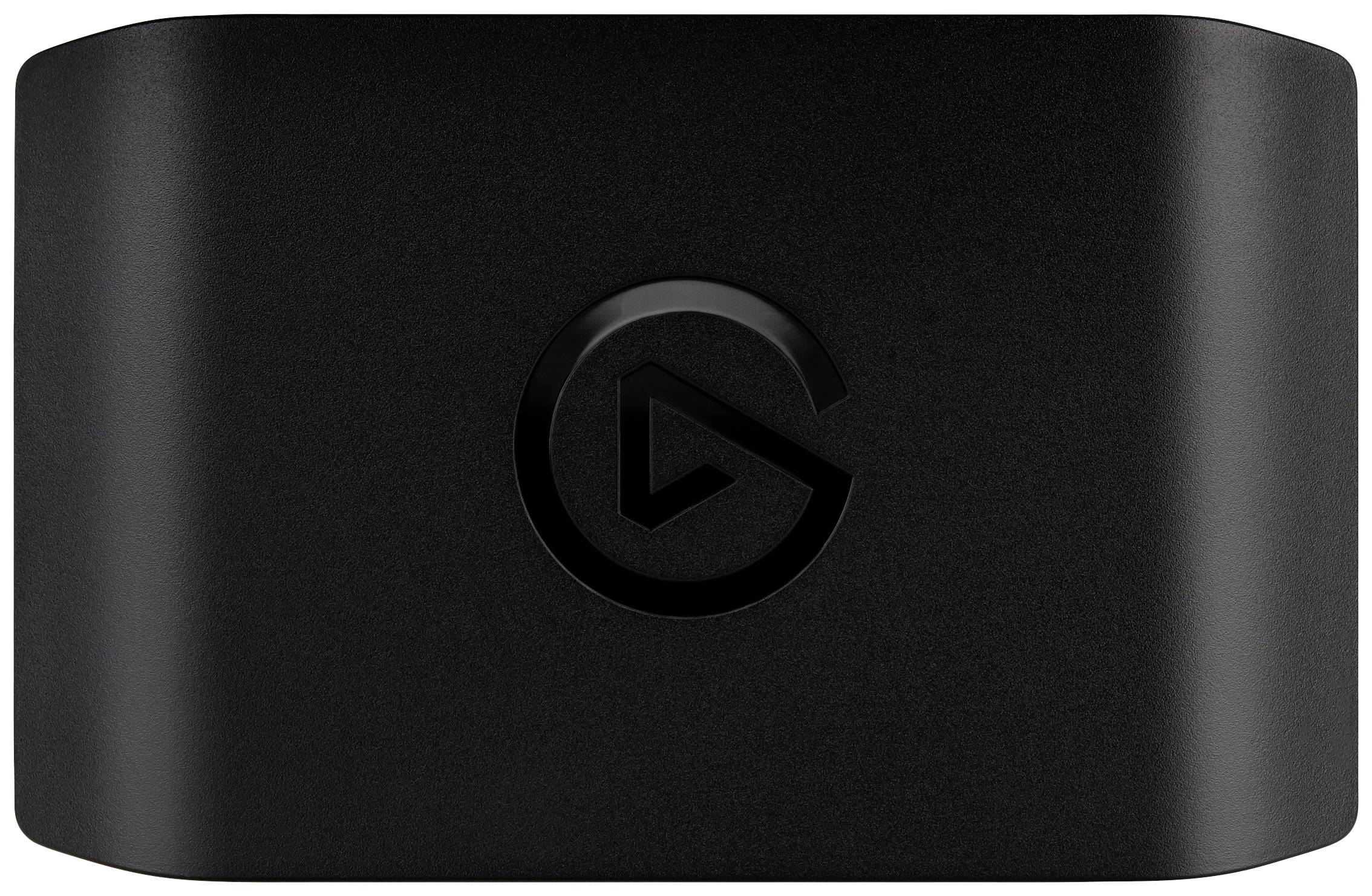 Schwarzes rechteckiges Gerät mit abgerundeten Ecken und stilisiertem Logo in der Mitte.