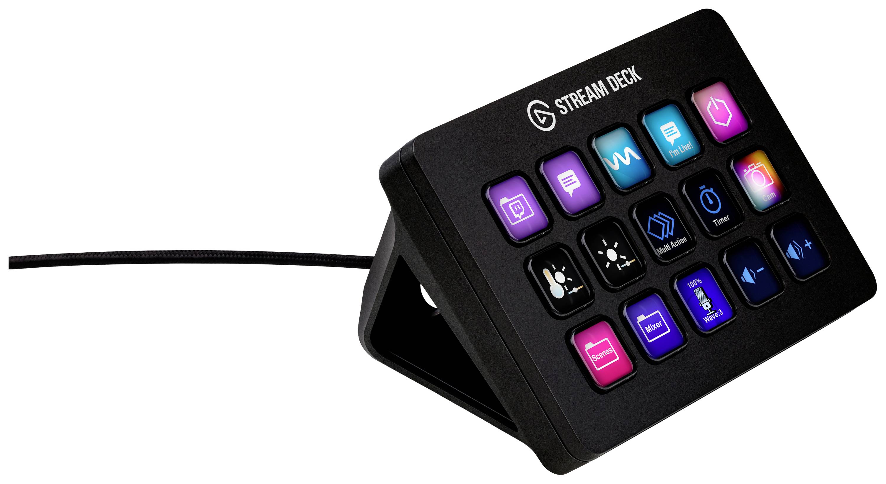 Ein Stream Deck mit 15 farbigen Tasten, die individuell programmierbar sind, auf einem Tisch aufgestellt.