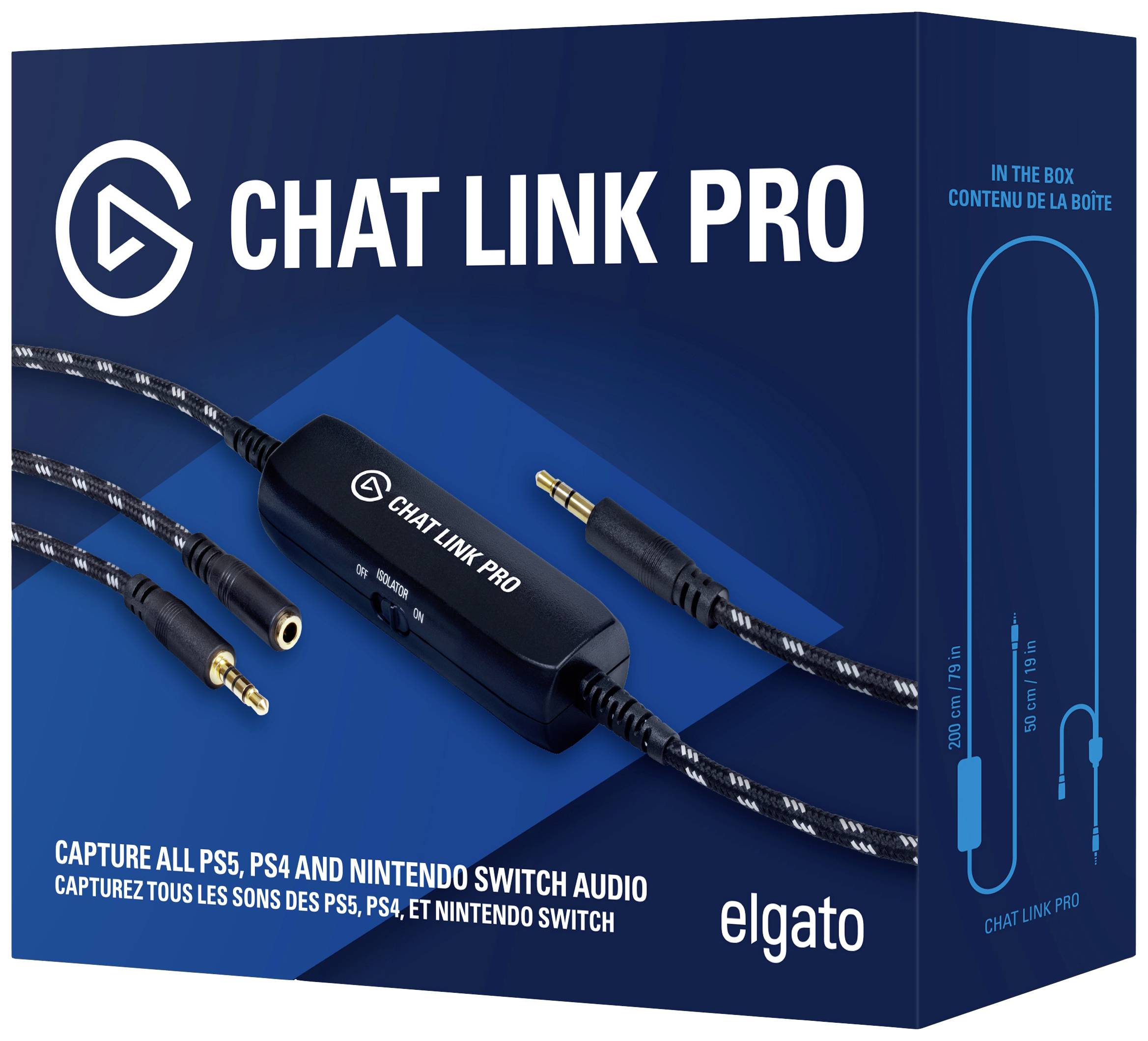 'Elgato Chat Link Pro', ein Audio-Adapter für PS5, PS4 und Nintendo Switch. Enthält diverse Anschlüsse für Soundaufnahme.