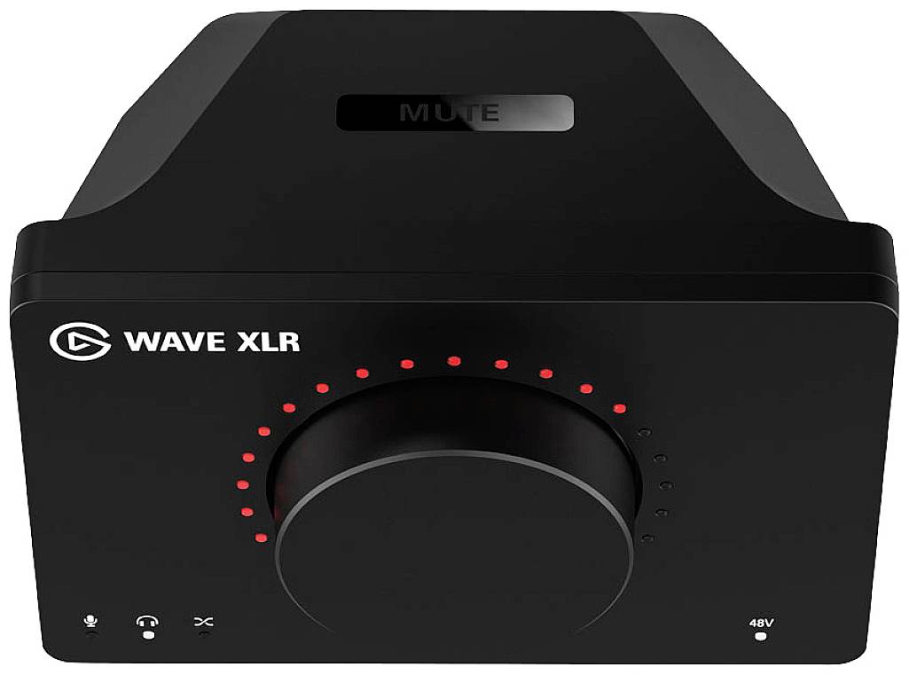 Schwarzes Audio-Interface 'Wave XLR' mit großem Lautstärkeregler und Mute-Taste, Mikrofon- und Kopfhörersymbol, 48V-Anzeige.