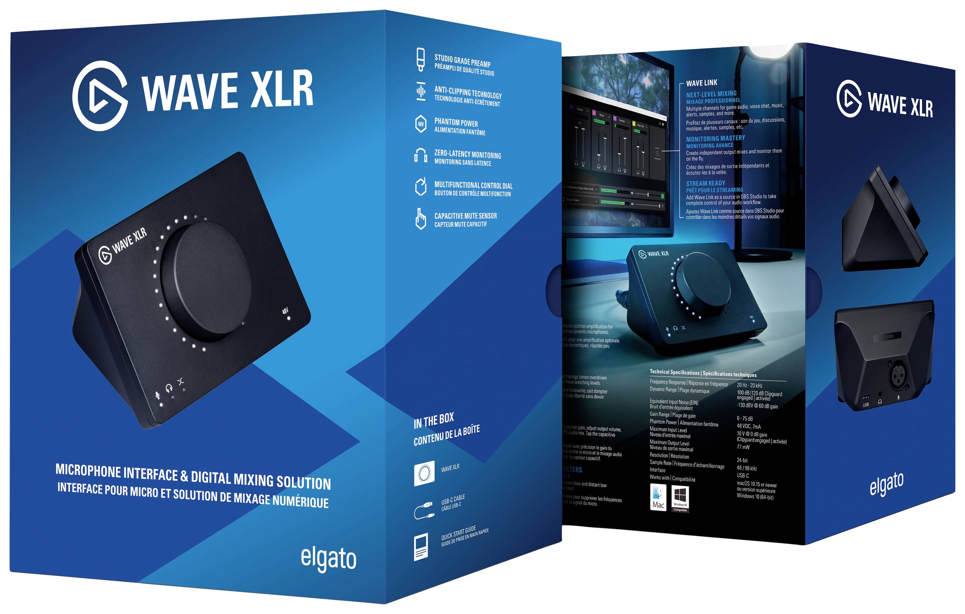 Drei Verpackungen des Elgato Wave XLR, einer Mikrofon- und digitalen Mischpult-Lösung, mit blauen Grafiken und Produktbildern.