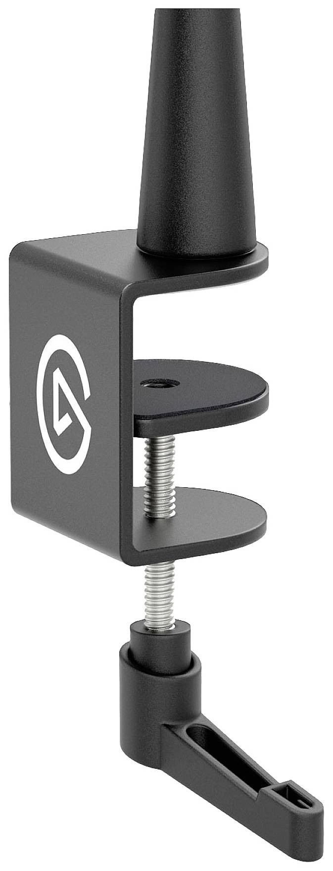 Schwarze Tischklemme aus Metall mit rundem Logo auf der Seite. Verstellbar mit Schraube zur Befestigung von Zubehör auf Tischkanten.