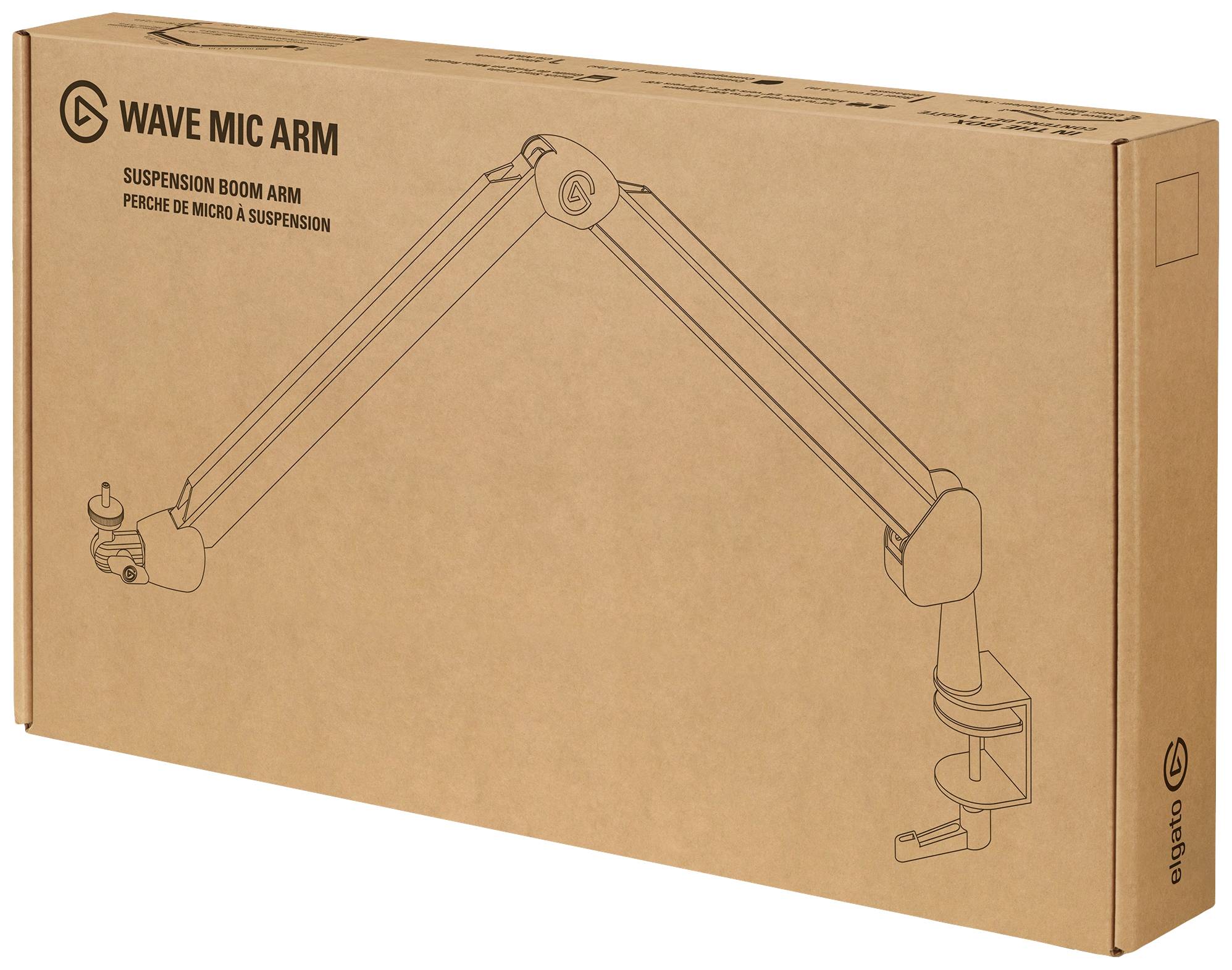 'Verpackung eines Mikrofonschwenkarms mit Bild des Produkts und Herstellerlogo.'