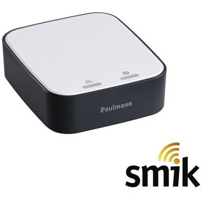 Ein schwarzer Smart-Home-Hub von Paulmann mit weißer Oberseite und zwei Symbolen. Rechts unten das 'smik'-Logo mit Funksymbol.