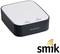 Ein schwarzer Smart-Home-Hub von Paulmann mit weißer Oberseite und zwei Symbolen. Rechts unten das 'smik'-Logo mit Funksymbol.