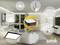 Das Bild zeigt ein Smart-Home-System im Mittelpunkt, vernetzt mit verschiedenen Geräten: Lampe, Schalter, LED, in einem Wohnzimmer.