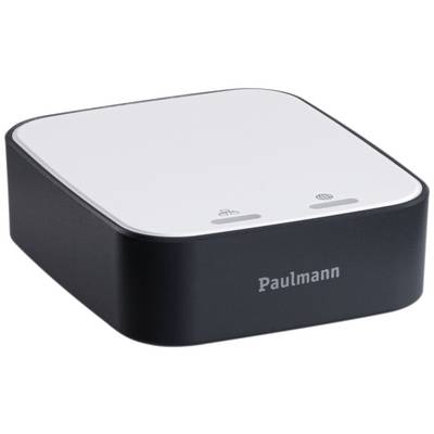 Ein quadratisches elektronisches Gerät mit abgerundeten Ecken und der Aufschrift 'Paulmann'. Es hat zwei Symbole auf der Oberseite.