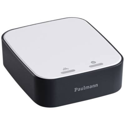 Ein quadratisches, weißes, intelligentes Steuergerät mit der Marke Paulmann auf der Vorderseite, zeigt zwei Symbole für Verbindungen.
