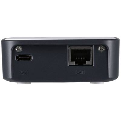 Rückseite eines Geräts mit USB-C- und LAN-Anschluss, sowie zwei Schrauben an den Ecken. Der Schriftzug 'DC' und 'LAN' sind zu sehen.