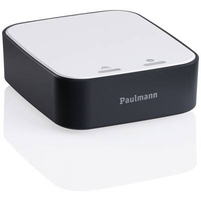 Ein rechteckiger, weißer und schwarzer Smart-Home-Sensor mit dem Branding 'Paulmann'.