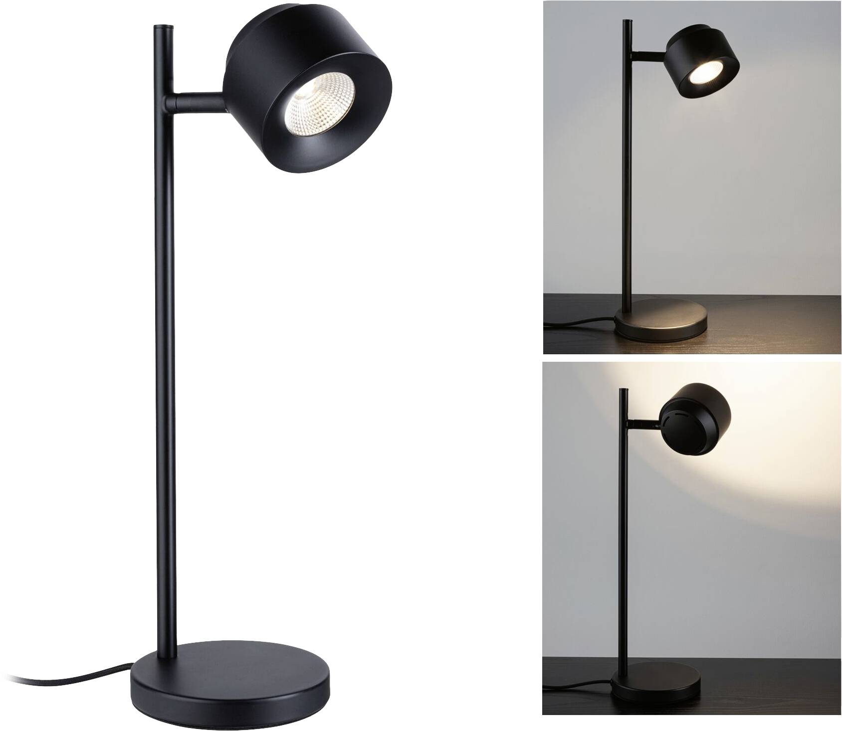 Eine moderne, schwarze LED-Tischlampe mit rundem Lampenschirm. Das Bild zeigt die Lampe aus zwei Perspektiven: einmal ausgeschaltet und einmal eingeschaltet auf einem Tisch.