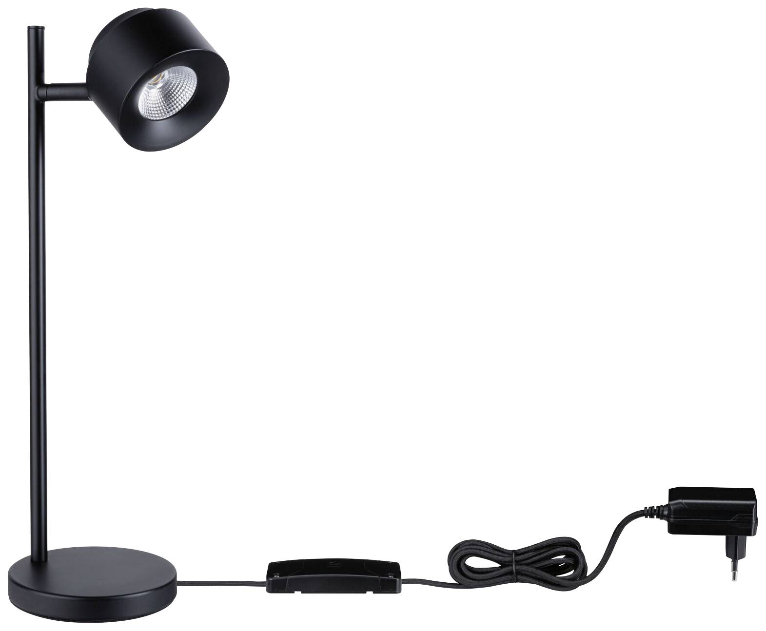 Schwarze Tischlampe mit rundem Schirm und verstellbarem Arm. Stromkabel und Stecker sichtbar, geeignet für Schreibtischbeleuchtung.