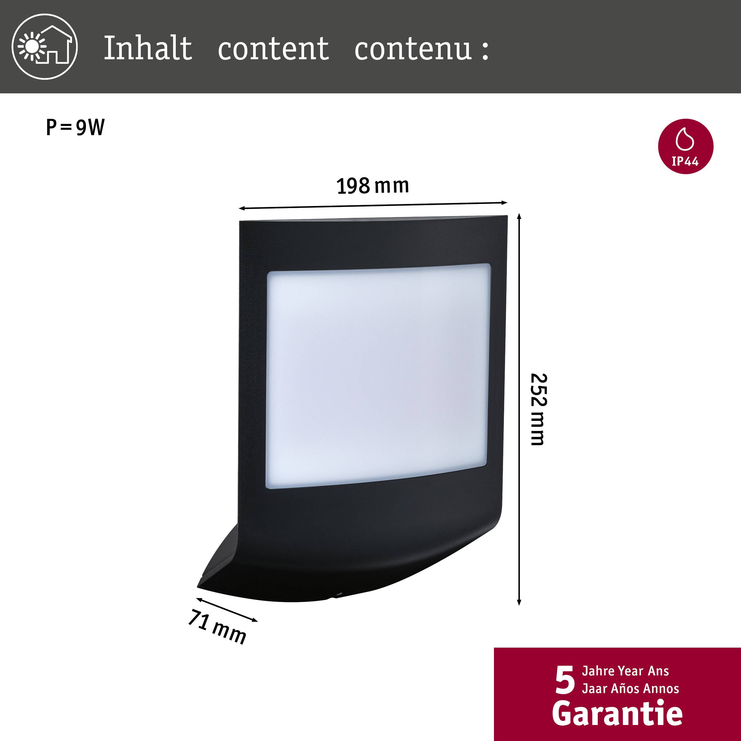 Schwarze Außenleuchte, quadratisch mit weißer Front, 252 mm hoch, 71 mm tief. Leistung: 9W, Schutzart: IP44. 5 Jahre Garantie.