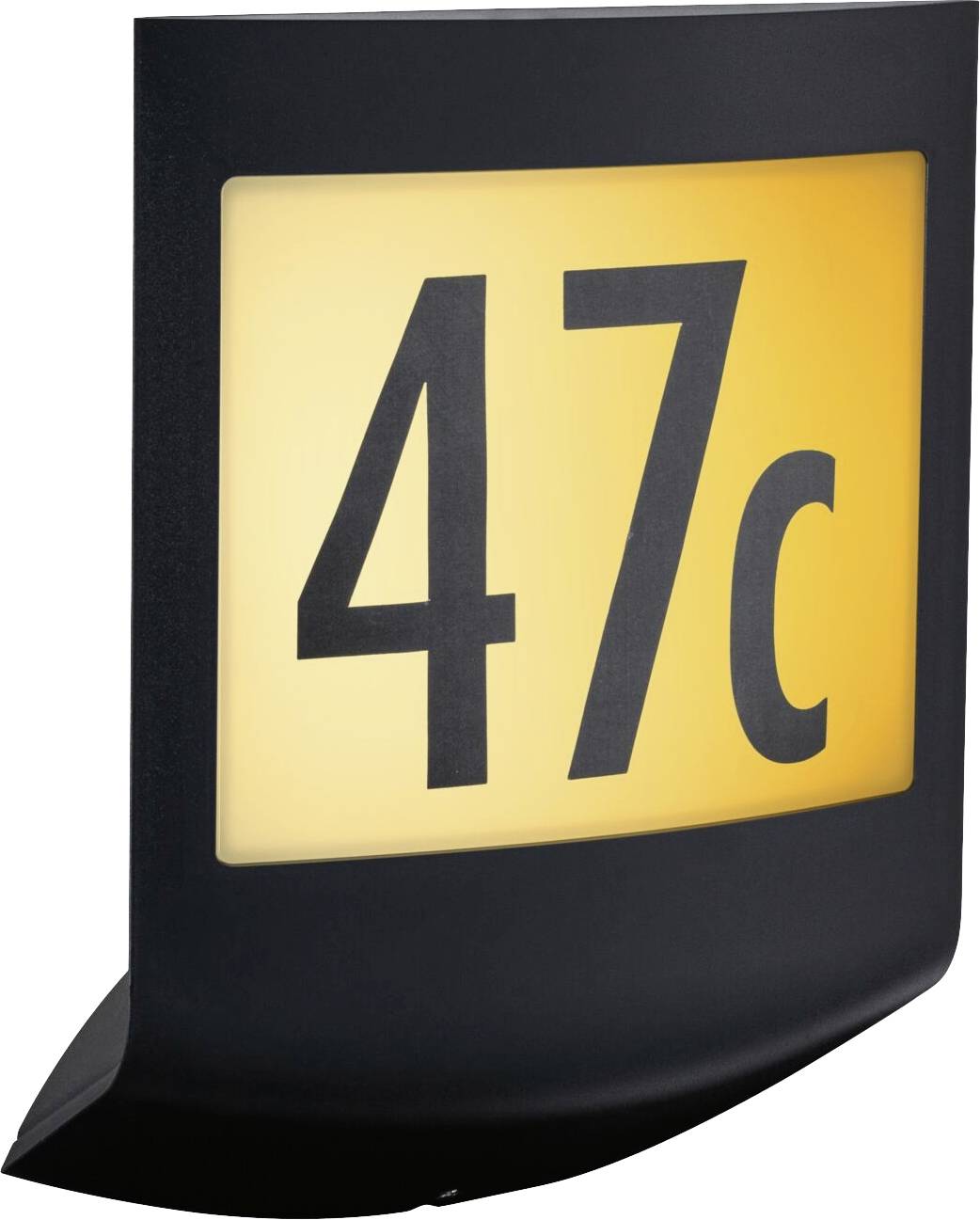 Schwarzes Schild mit beleuchteter gelber Oberfläche, darauf die Zahl '47c' in großen schwarzen Ziffern.