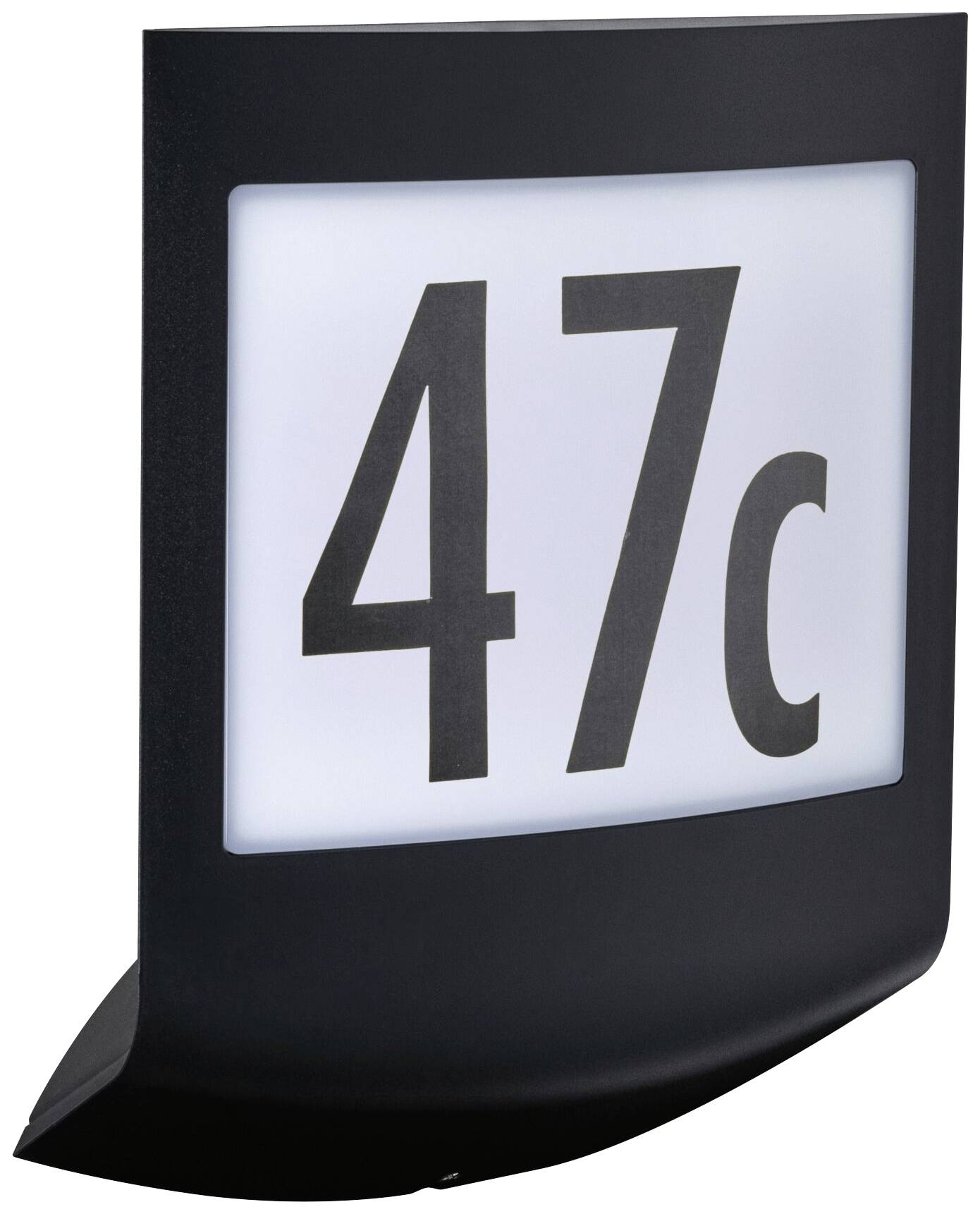 Beleuchtetes Schild mit schwarzer Aufschrift '47c' auf weißem Hintergrund, in einem dunklen Rahmen präsentiert.