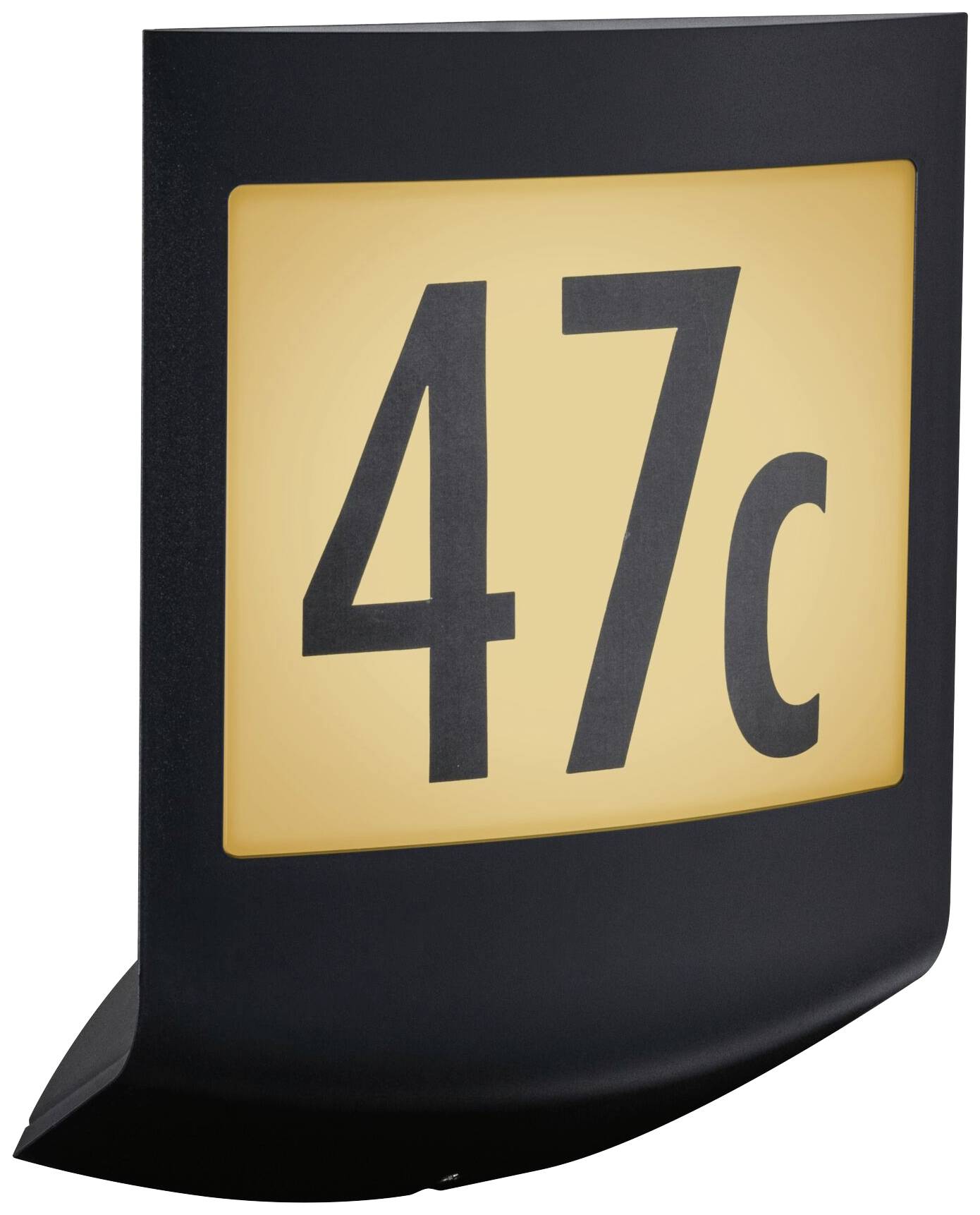 Beleuchtetes Wandschild mit der Nummer '47c' in schwarzer Schrift auf gelbem Hintergrund.