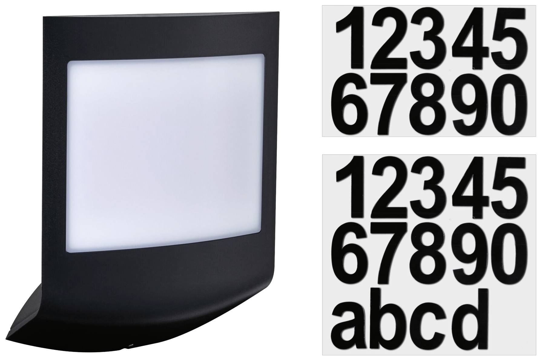Schwarzes Schild mit beleuchteter Fläche links, daneben zwei Tafeln mit schwarzen Zahlen von 0-9 und Buchstaben a-d auf weißem Hintergrund.