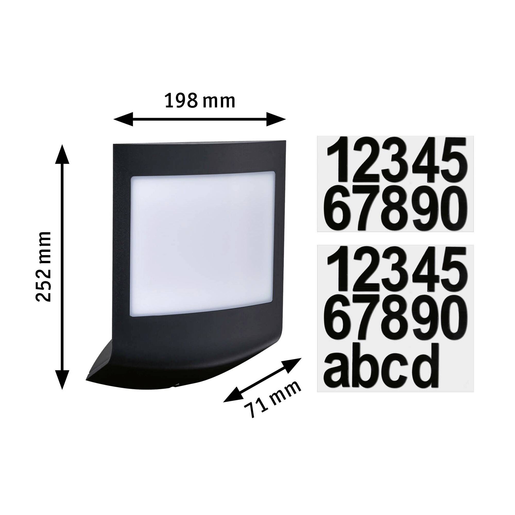 Schwarze Hausnummerntafel mit Beleuchtung, Maße: 198 mm x 252 mm x 71 mm. Abgebildete Zahlen: 0-9 und Buchstaben: a, b, c, d.