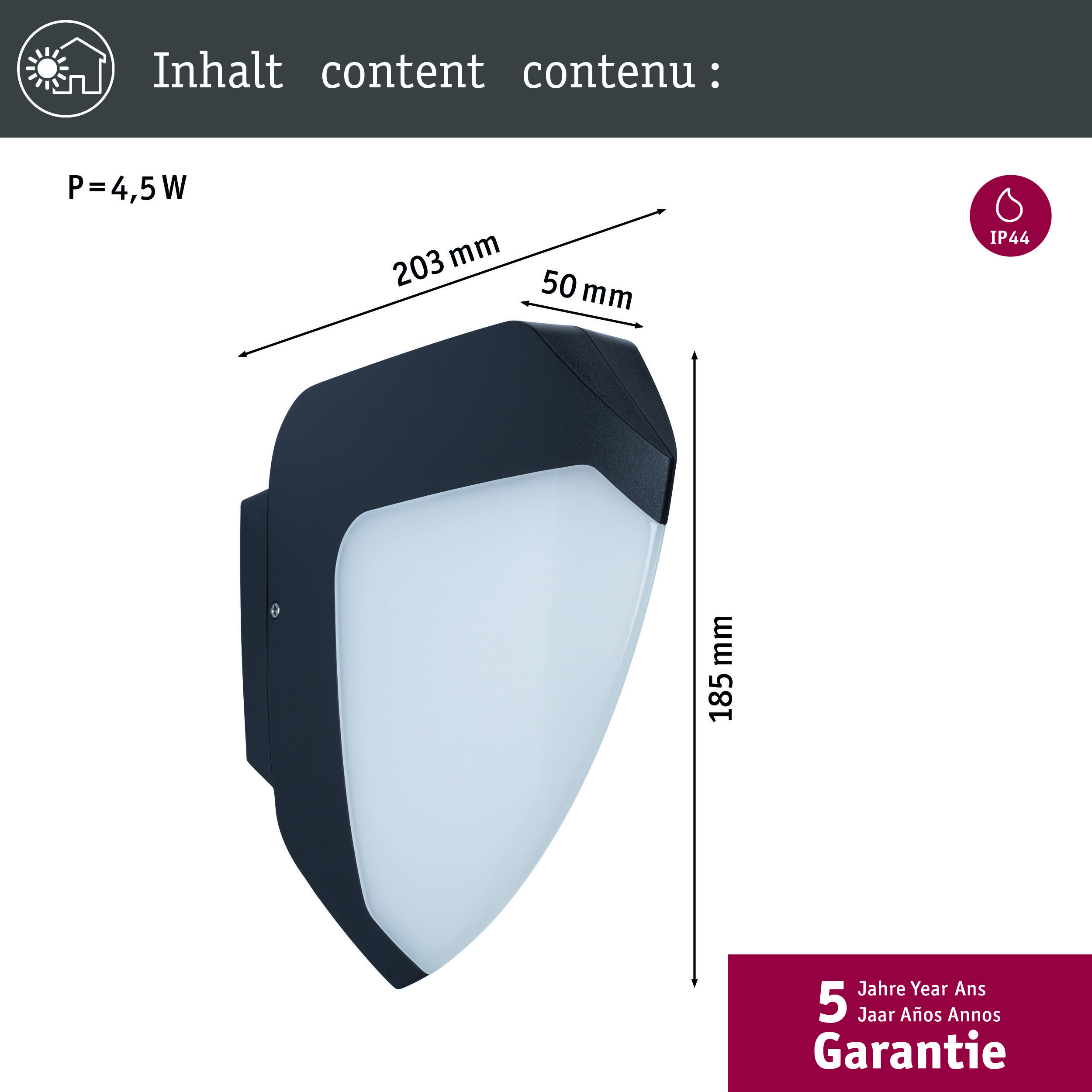 Außenwandlampe, 4,5 W, IP44, Abmessungen: 203 mm Breite, 185 mm Höhe, 50 mm Tiefe. 5 Jahre Garantie.
