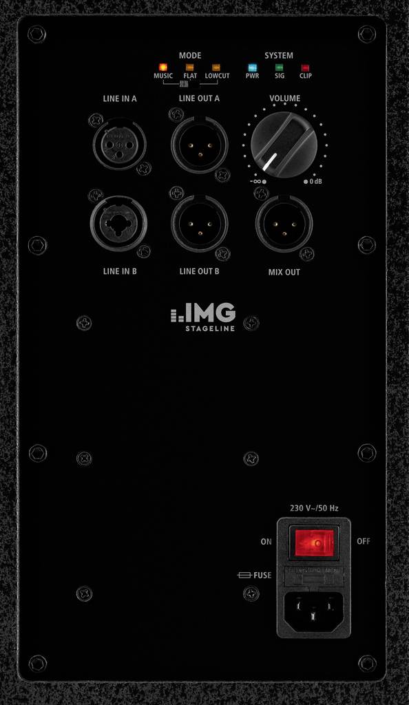 Schwarzes Bedienfeld einer Audioverstärker-Rückseite mit Anschlüssen für Line In/Out, Lautstärkeregler, Netzschalter und Sicherung.