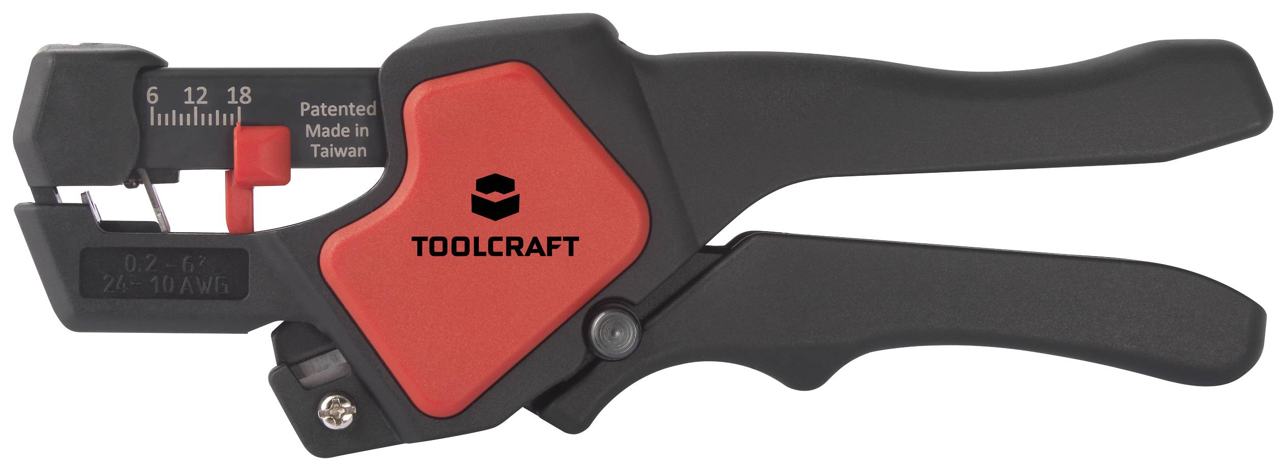 Werkzeug zur Kabelabisolierung, schwarz-rot, mit Aufschrift 'TOOLCRAFT' und Skala für Längenmessung von 6 bis 18 mm.