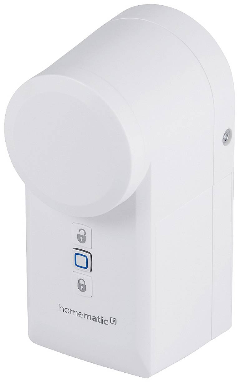 Weißes, rechteckiges Gerät mit abgerundeter Oberseite und drei Tasten vorne. Aufschrift 'homematic' unten.