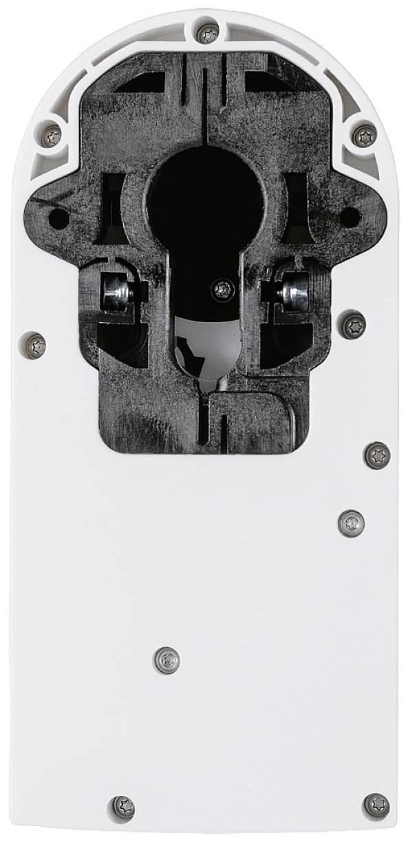 Ein weißes, rechteckiges Gerät mit schwarzem Inneren und sichtbaren Schrauben an den Ecken. Möglicherweise eine Rückseite eines technischen Geräts.