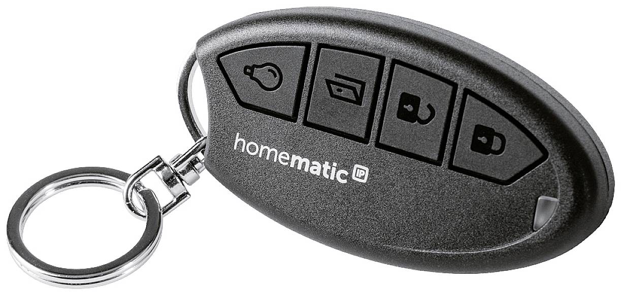 Schwarzer Schlüsselanhänger mit vier Symbolen: Glühbirne, Fenster, Steckdose, Schloss. Beschriftet mit 'homematic IP'.