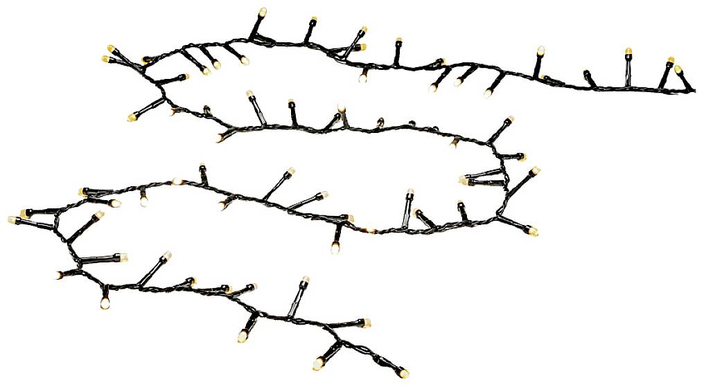 Eine dekorative Weihnachtslichterkette mit kleinen, warmweißen LEDs, die in unregelmäßigen Abständen an einem schwarzen Kabel angebracht sind.