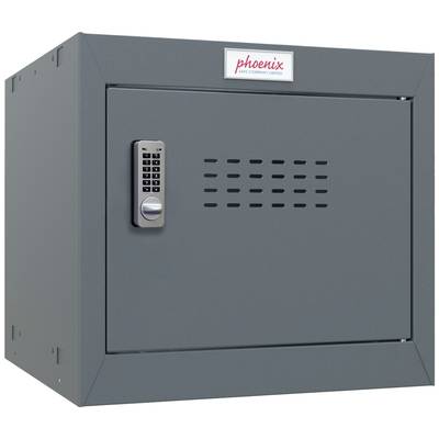 Ein grauer Tresor mit elektronischem Zahlenschloss und rotem Label 'phoenix', geeignet zur sicheren Aufbewahrung von Wertsachen.