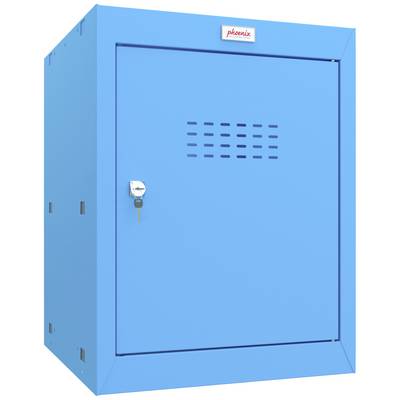 Ein blauer Metallschrank mit Lüftungsschlitzen und Schloss vorne.