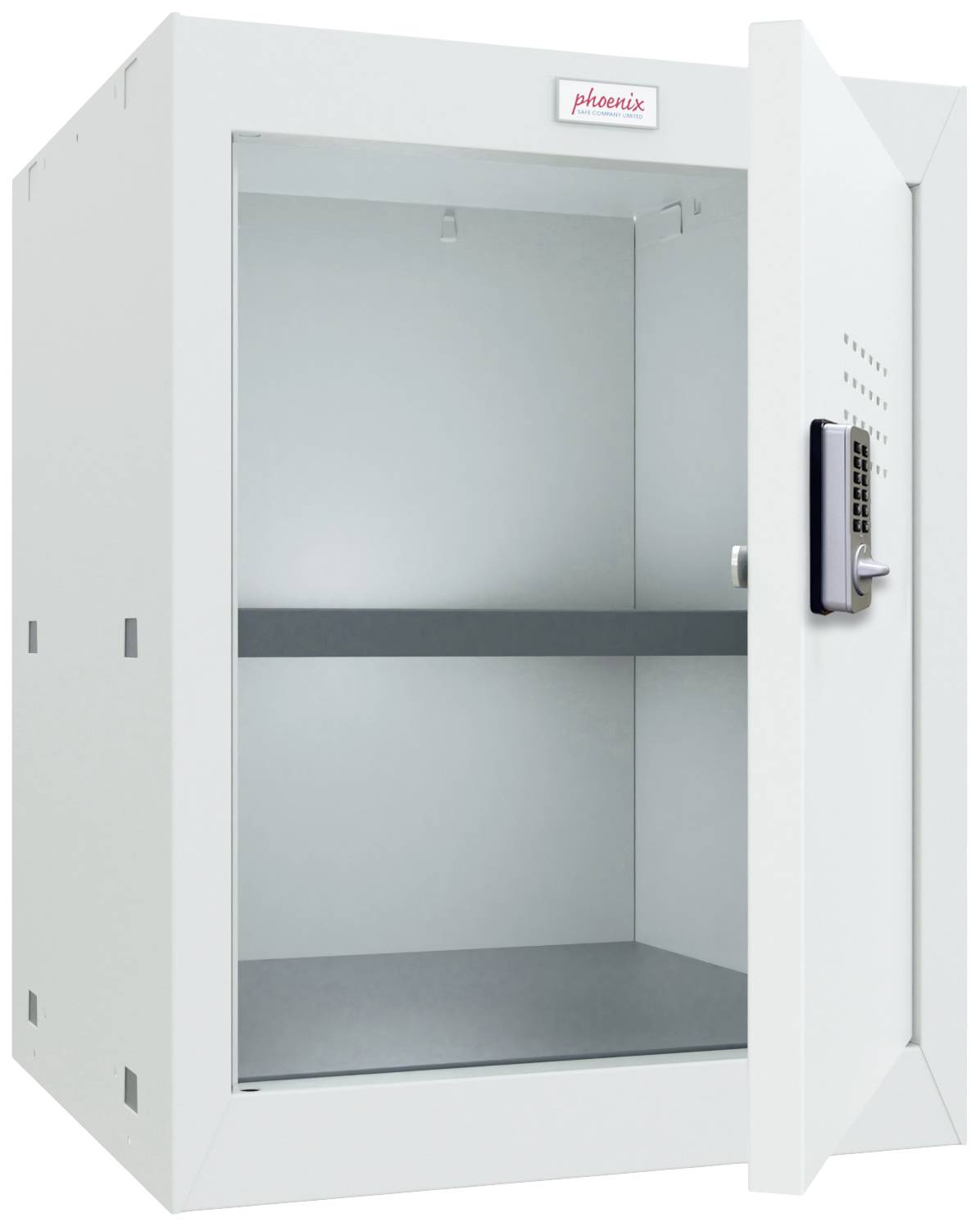 Offener, leerer Metallschrank mit elektronischem Zahlenschloss und zwei Regalböden.