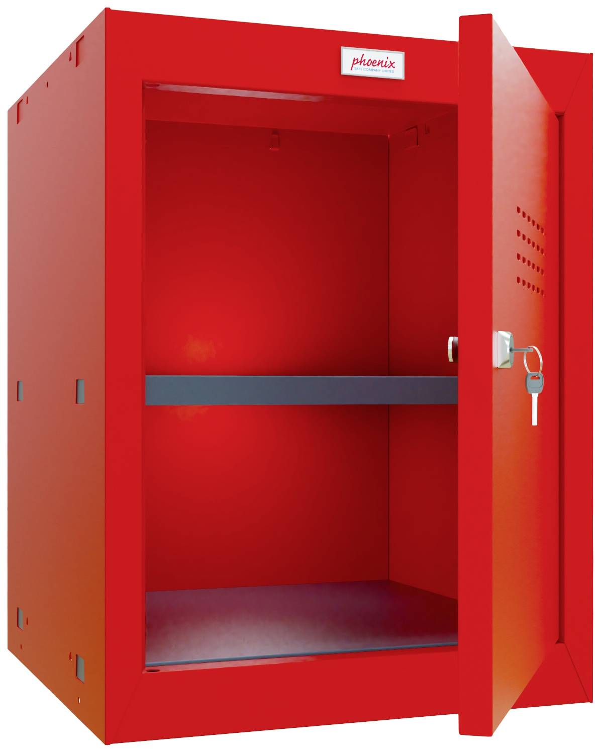 Ein roter, offener Metallschrank mit einem Regal in der Mitte. Eine Schlüssel steckt im Schloss der Tür.
