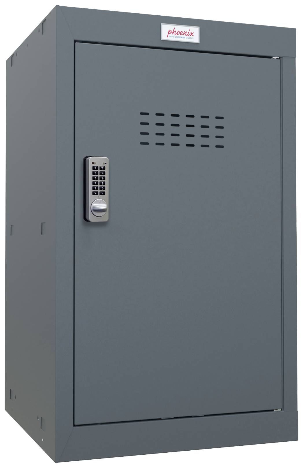 Grauer Stahlschrank mit elektronischem Zahlenschloss, geeignet zur sicheren Aufbewahrung von Dokumenten oder wertvollen Gegenständen.