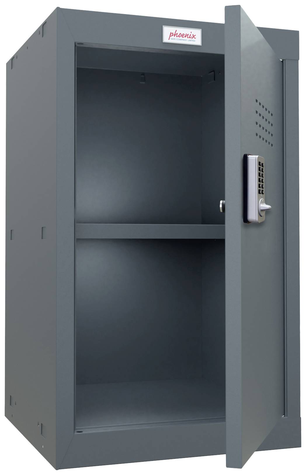 Ein offener, grauer Stahlschrank mit zwei Fächern und einem elektronischen Zahlenschloss, geeignet zur sicheren Aufbewahrung von Gegenständen.
